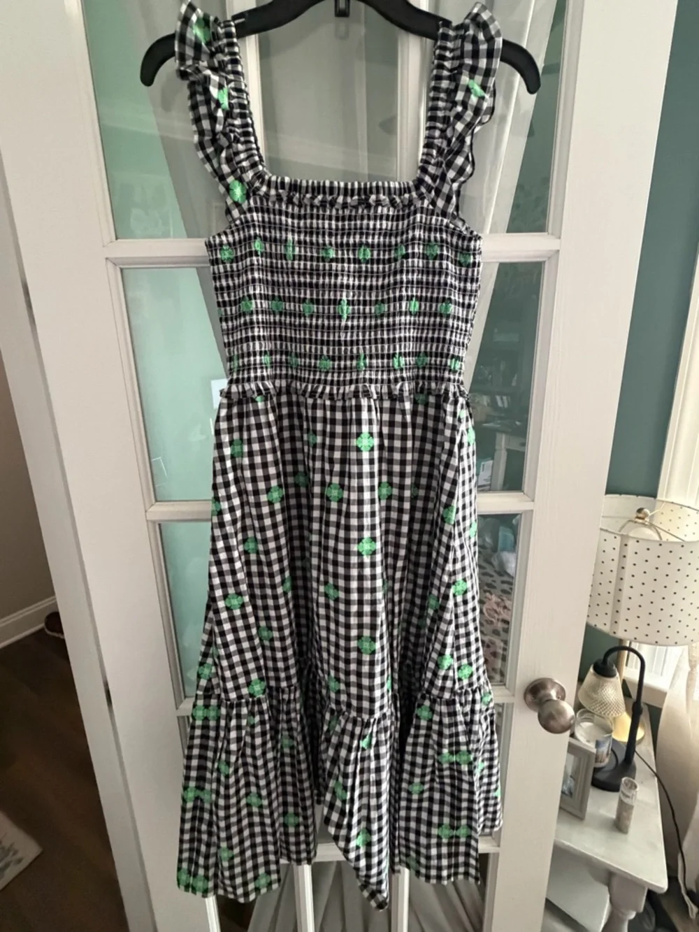 NWOT kate spade Black & White Gingham Midi Dress with Green Floral Clover detail - Picture 4 of 4
